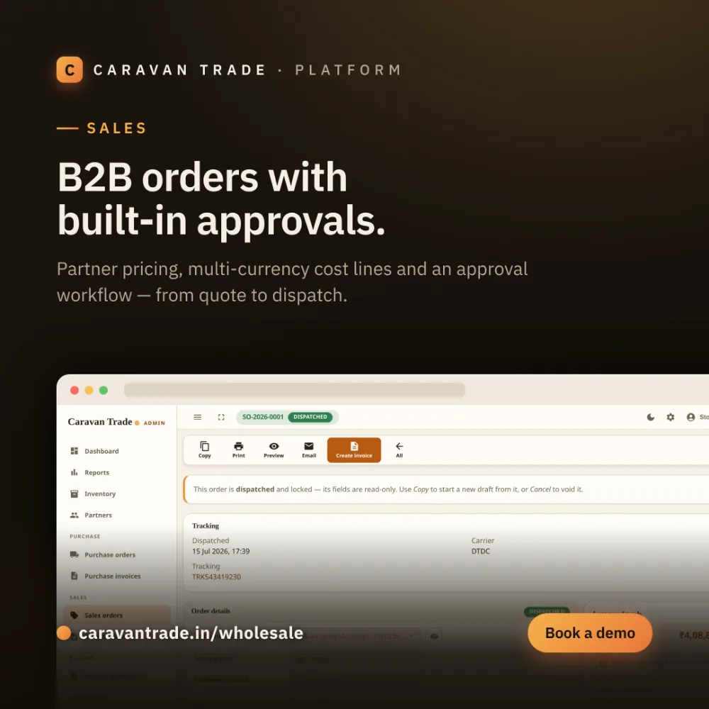 B2B sales order with partner pricing, cost lines and approval workflow